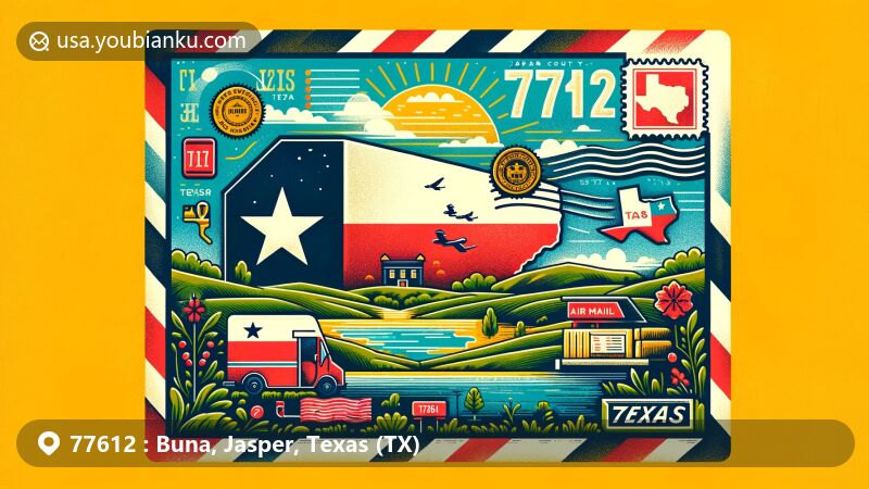 Creative illustration of Buna, Jasper County, Texas, representing ZIP code 77612 with a landscape postcard design. Includes elements of Texas state flag, Jasper County outline, local landmarks, cultural symbols, postal stamps, '77612' postmark, mailbox, and mail truck.