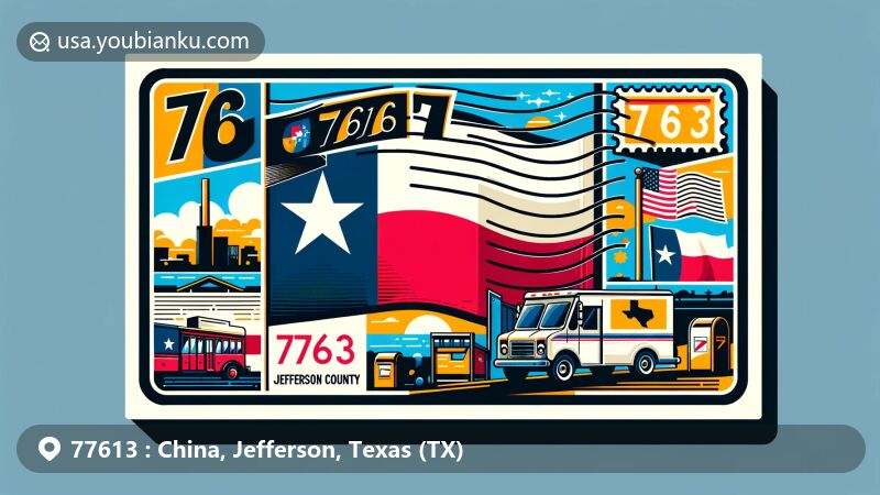 Modern illustration of China, Jefferson County, Texas, with postal theme and ZIP code 77613, highlighting Texas state flag, Jefferson County shape, unique landmark, postage stamp, postmark '77613', and vintage postal van.