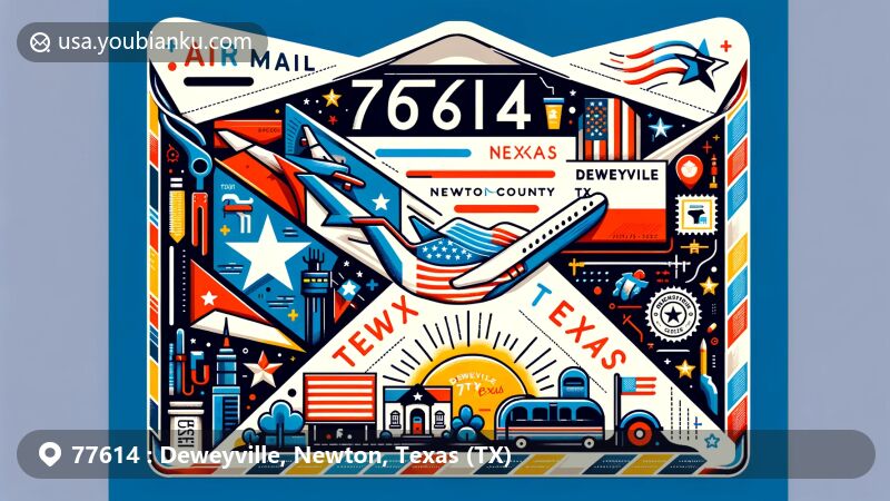 Modern illustration of Deweyville, Newton County, Texas, showcasing postal theme with ZIP code 77614, featuring Texas state flag and regional symbols.
