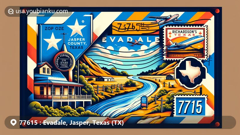 Vintage airmail envelope design representing Evadale area, Jasper County, Texas, featuring Neches River and historical marker for Richardson's Bluff. Includes Texas state flag and ZIP code 77615 postal stamp.