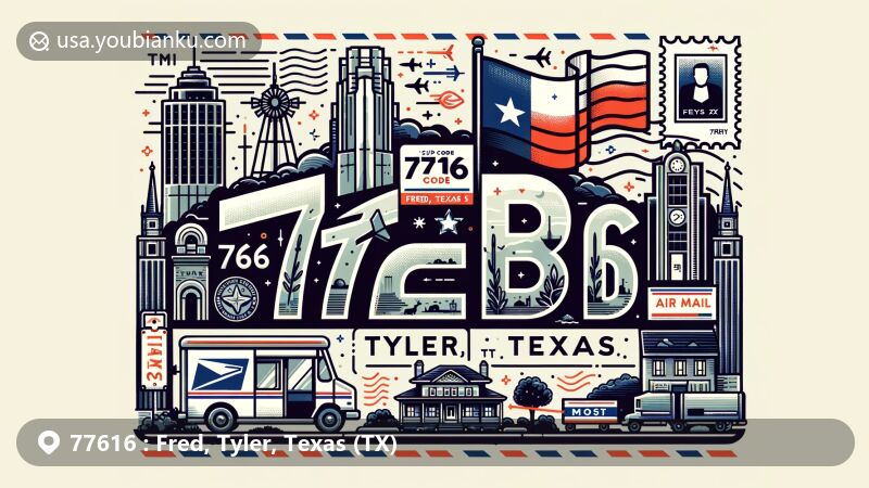 Creative illustration for U.S. ZIP code 77616, showcasing Fred and Tyler, Texas, with Texas state flag, Tyler County outline, and local landmarks. Styled as a postcard with postal elements like stamp, postmark, '77616' ZIP code, mailbox, and mail truck.