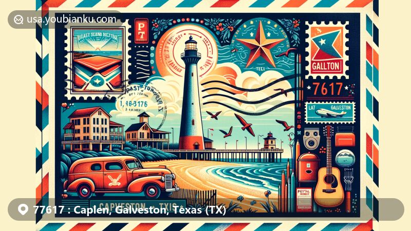 Colorful illustration of Caplen, Galveston, Texas (Zip code 77617) with vintage postcard theme, featuring beachfront, Point Bolivar Lighthouse, music elements, Texas state flag stamp, 'Caplen, TX 77617' postmark, and postal symbols.