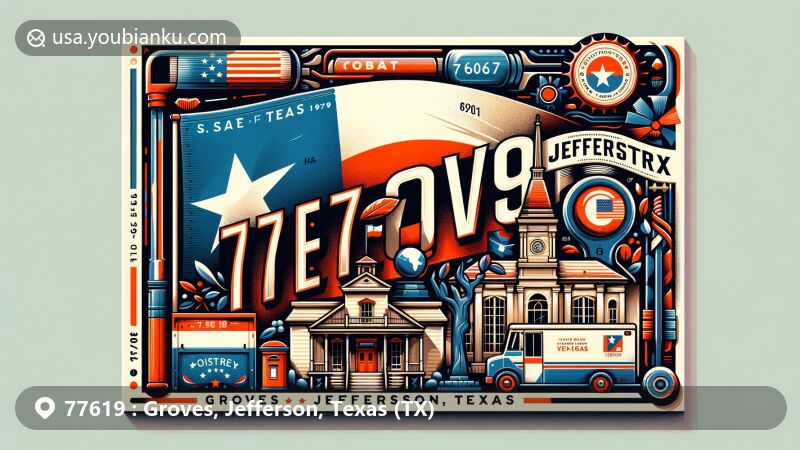 Modern illustration of Groves, Jefferson County, Texas, showcasing postal theme with ZIP code 77619, featuring Texas state flag and local landmark.