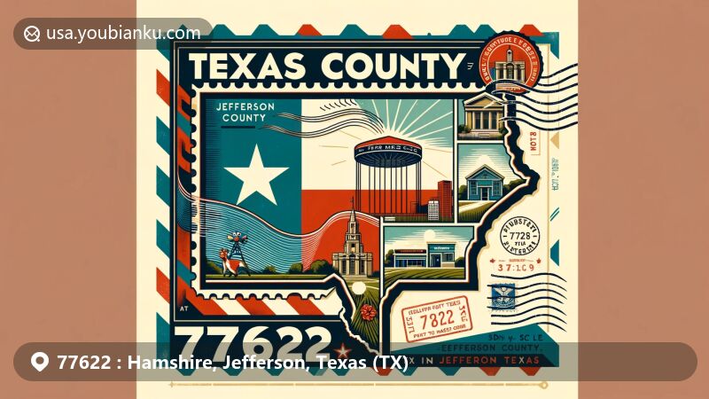 Modern illustration of Hamshire, Jefferson County, Texas, showcasing postal theme with ZIP code 77622, featuring Texas state flag, Jefferson County map outline, and local cultural symbol.