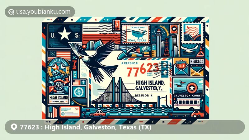 Modern illustration of High Island, Galveston County, Texas, featuring stylized postcard or airmail envelope with Texas state flag, Galveston County outline, and cultural landmarks. Includes postal elements like stamp, postmark '77623', mailbox, postal vehicle.