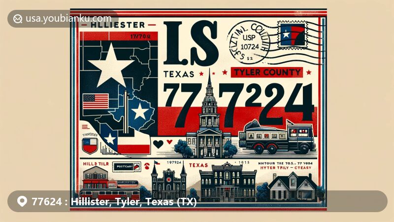 Modern illustration of Hillister, Tyler County, Texas, with vintage postcard background and key elements like Texas state flag, Tyler County map outline, and Hillister landmark or cultural symbol, featuring postal elements and ZIP code 77624.