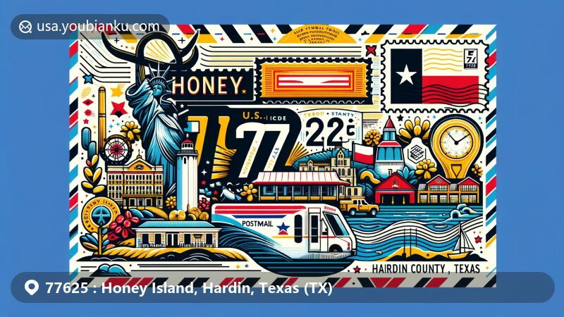 Modern illustration of Honey Island, Hardin County, Texas, featuring postal theme with ZIP code 77625, including local landmarks, cultural symbols, the state flag, a postage stamp, a postmark, a mailbox, and a mail truck.