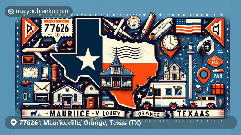 Modern illustration of Mauriceville, Orange County, Texas, highlighting postal theme with ZIP code 77626, featuring Texas state flag, Orange County outline, and iconic local elements.