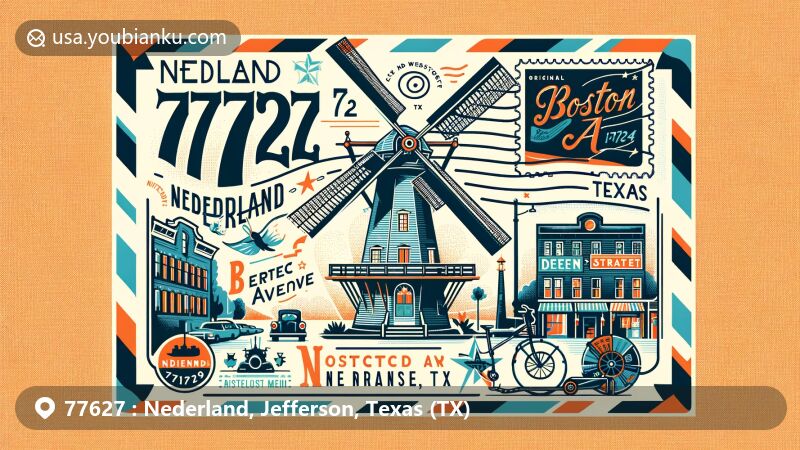 Modern illustration of Nederland, Texas, showcasing Dutch windmill, Boston Avenue with Dutch name, tribute to Tex Ritter, and postal theme with ZIP code 77627.