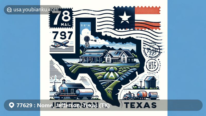 Modern illustration of Nome, Jefferson, Texas, inspired by air mail envelope design with ZIP code 77629, including state flag and iconic Texas elements.