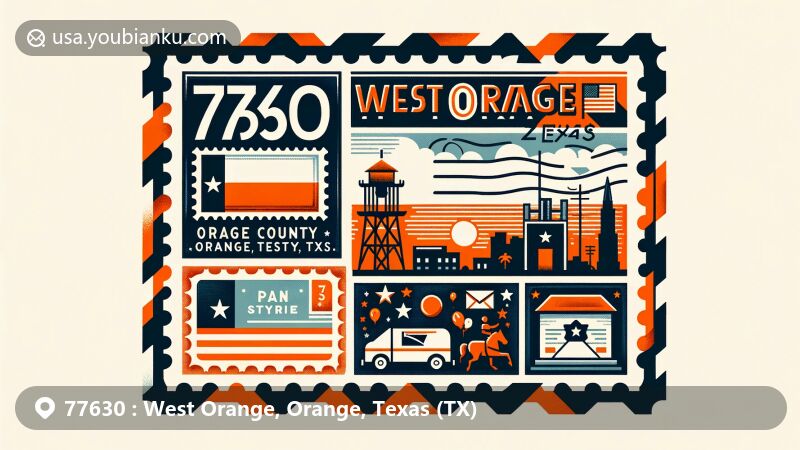 Modern digital art illustration capturing the spirit of West Orange, Orange County, Texas, displaying a postal theme with Texas state flag and iconic local symbols.