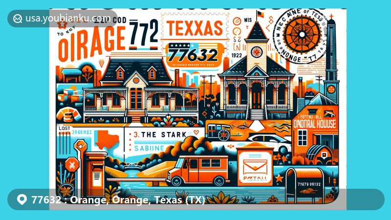 Modern illustration of Orange, Texas, portraying ZIP code 77632 with Stark Museum of Art, Sabine River, and W.H. Stark House, along with vintage postal elements.