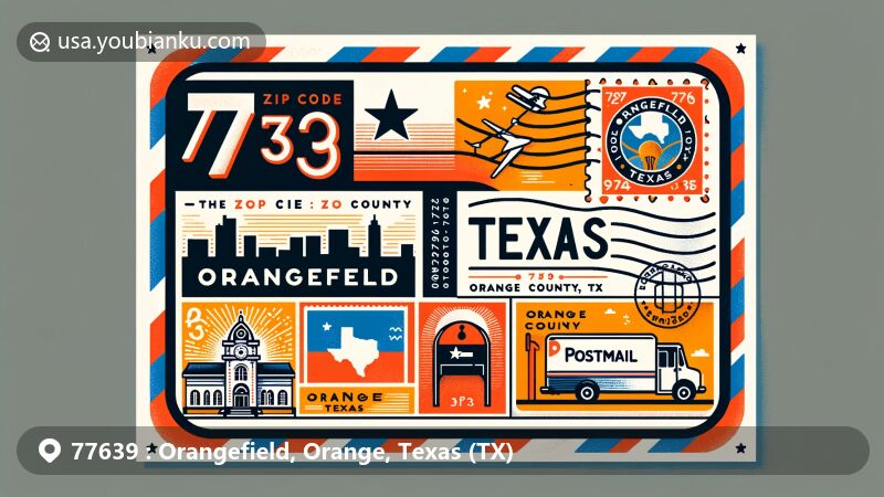 Modern illustration of Orangefield, Orange County, Texas, highlighting regional characteristics with postal theme and ZIP code 77639, featuring Texas state flag, Orange County outline, and local landmark or cultural element.