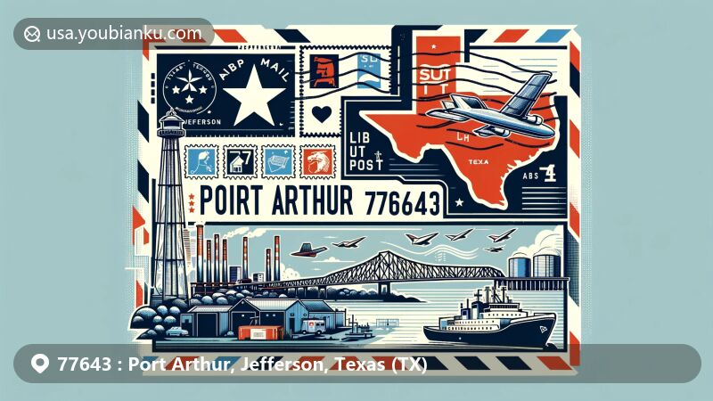 Modern illustration of Port Arthur, Jefferson, Texas, merging postal theme with ZIP code 77643, featuring airmail envelope, stamps, and Texas flag, alongside Jefferson County outline and local landmarks like Rainbow Bridge and oil refinery structures.