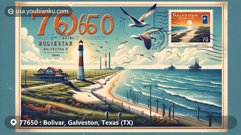 Modern illustration of Bolivar, Galveston, Texas, featuring Bolivar Lighthouse, Crystal Beach, Fort Travis Park, and postal elements like vintage stamp and postmark, capturing the essence of coastal beauty and historical significance.