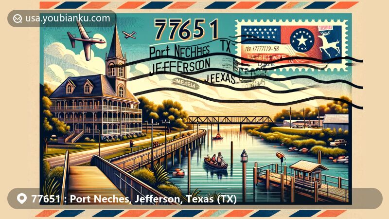 Modern illustration of Port Neches, Jefferson, Texas, showcasing scenic Neches River, La Maison Beausoleil Museum in Cajun style, and RiverFront park's vibrant atmosphere.