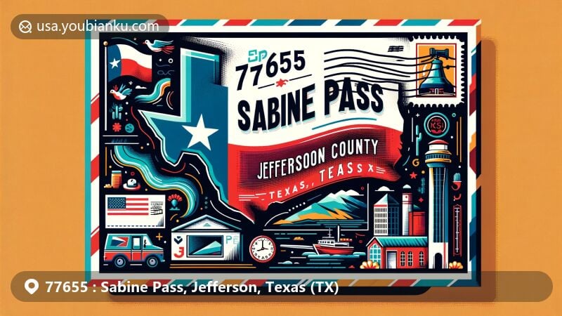 Modern illustration of Sabine Pass, Jefferson County, Texas, featuring postal theme with ZIP code 77655, showcasing Texas state flag, Jefferson County outline, and iconic Sabine Pass landmark.
