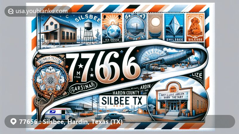 Modern illustration of Silsbee, Hardin, Texas ZIP Code 77656, featuring airmail envelope with stamps representing landmarks like Icehouse Museum, Sandyland Sanctuary, and Pines Theater.