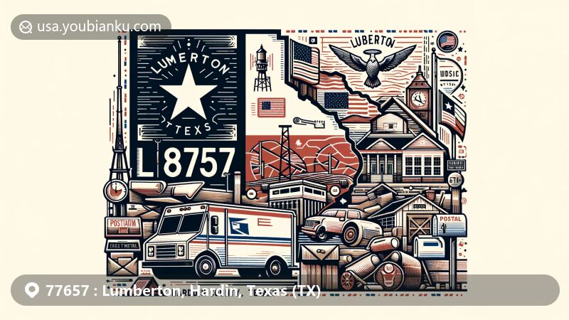 Modern illustration of Lumberton, Hardin County, Texas, representing ZIP code 77657, incorporating Texas state flag, county outline, and cultural symbols, with postal elements like postcard shape, stamp, '77657', mailbox, and postal van.