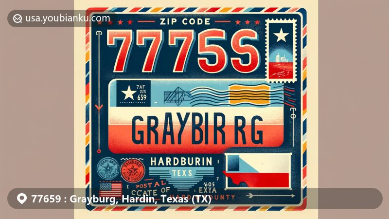 Colorful illustration of Grayburg, Hardin County, Texas, with vintage postcard design and postal elements, featuring ZIP code 77659, Texas state flag, county outline, and local landmark.