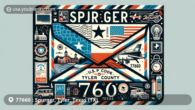Creative illustration of Spurger, Tyler, Texas ZIP code 77660, inspired by postcard design with Texas state flag, Tyler County map, and Spurger landmarks, featuring postal elements like stamps and mail truck.