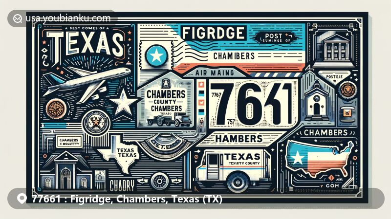 Modern illustration of Figridge, Chambers County, Texas, showcasing postal theme with ZIP code 77661, featuring Texas state flag and local landmarks.