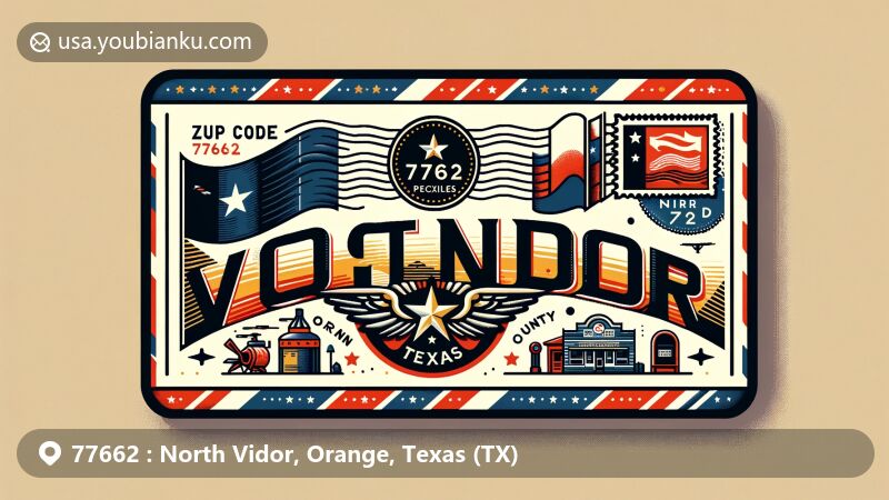 Modern illustration of North Vidor, Orange County, Texas, inspired by air mail envelope design with Texas state flag and local symbols, showcasing postal theme with ZIP code 77662.