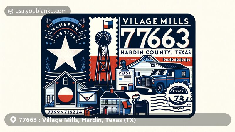 Modern illustration of Village Mills, Hardin County, Texas, showcasing postal theme with ZIP code 77663, featuring Texas state flag, outline of Hardin County, and local landmark. Includes vintage stamp, postmark, mailbox, and mail truck design elements.