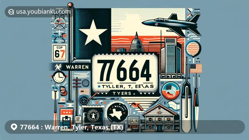 Modern illustration of Warren, Tyler County, Texas, showcasing postal theme with ZIP code 77664, featuring Texas state flag, Tyler County outline, and local landmarks. Design includes postage stamp, postmark, and elements highlighting uniqueness of Warren.