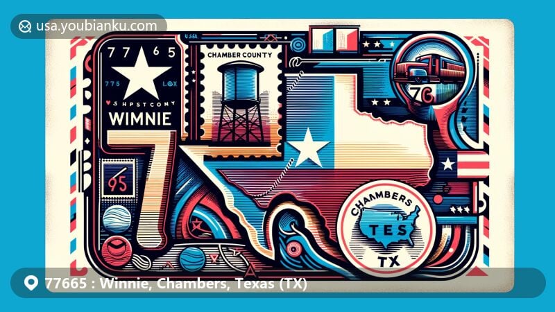 Modern illustration of Winnie, Chambers County, Texas, with a postal theme referencing ZIP code 77665, incorporating Texas state flag and map outline, as well as local landmark or cultural symbol.