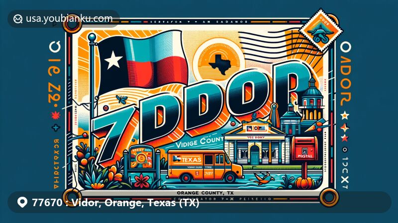 Modern illustration of Vidor, Orange County, Texas, capturing ZIP code 77670 in a creative postcard style with vibrant colors, showcasing the state flag of Texas and Orange County's map outline.