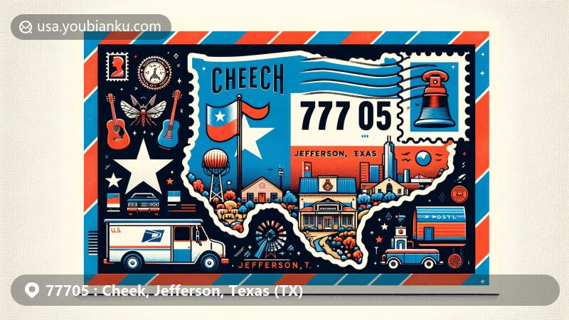 Colorful illustration of Cheek, Jefferson County, Texas, with postal theme for ZIP code 77705, featuring Texas state flag and iconic landmarks, presented in vintage airmail envelope design.