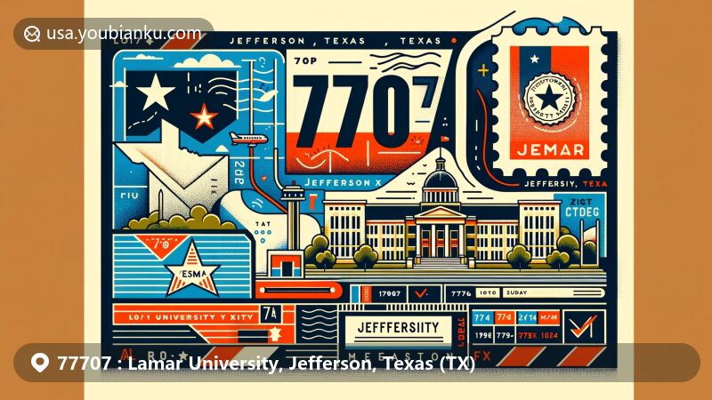 Modern illustration of Lamar University in Jefferson, Texas, with postal theme for ZIP code 77707, showcasing Texas state flag, Jefferson County outline, and cultural symbol of the university.