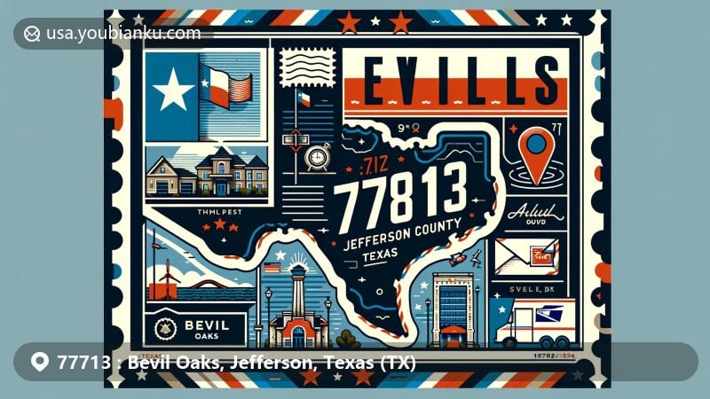 Contemporary illustration of Bevil Oaks, Jefferson, Texas (TX), featuring Texas state flag, Jefferson County map outline, and postal elements like stamp, postmark, ZIP code 77713, mailbox, and mail truck.
