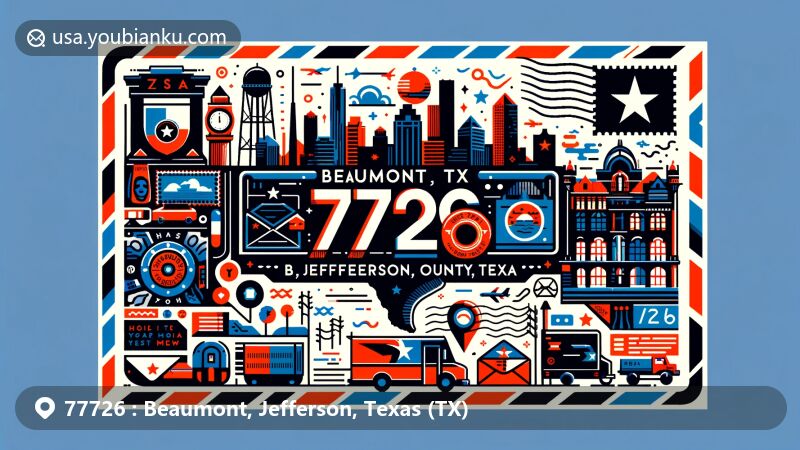 Contemporary illustration of Beaumont, Jefferson County, Texas, highlighting ZIP code 77726, featuring city skyline silhouette, Texas flag, postal stamps, mailbox, and mail truck.