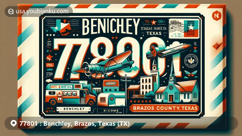 Modern postcard-style illustration of Benchley, Brazos County, Texas, highlighting ZIP code 77801 with county outline, Texas flag, and local landmarks on an airmail envelope backdrop.