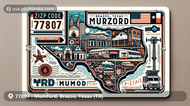 Vibrant illustration of Mumford in Brazos County, Texas (TX), featuring state flag, map of Brazos County, and local cultural elements, with a vintage postage stamp and postal van, all centered around ZIP code 77807.