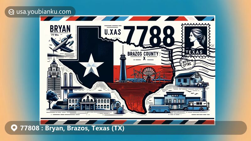 Creative illustration of Bryan, Brazos County, Texas, showcasing unique elements like the Texas flag, Brazos County outline, and iconic landmark, with postal theme including postmark '77808' and vintage postage stamp.