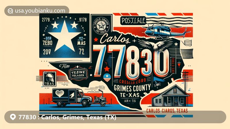 Modern illustration of Carlos, Grimes County, Texas, highlighting ZIP code 77830, featuring Texas flag, Grimes County map silhouette, vintage postage stamp, postmark, mailbox, and mail truck.