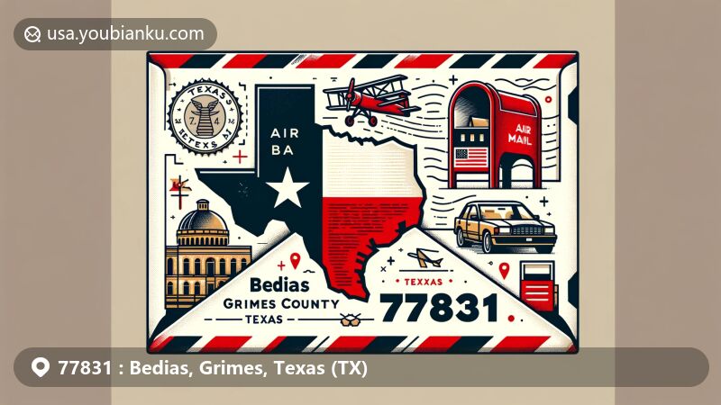 Modern illustration of Bedias, Grimes County, Texas, in air mail envelope style, featuring state flag and outline, Grimes County map silhouette, local landmark, postal themes with '77831' ZIP code, postmark, and red mailbox.