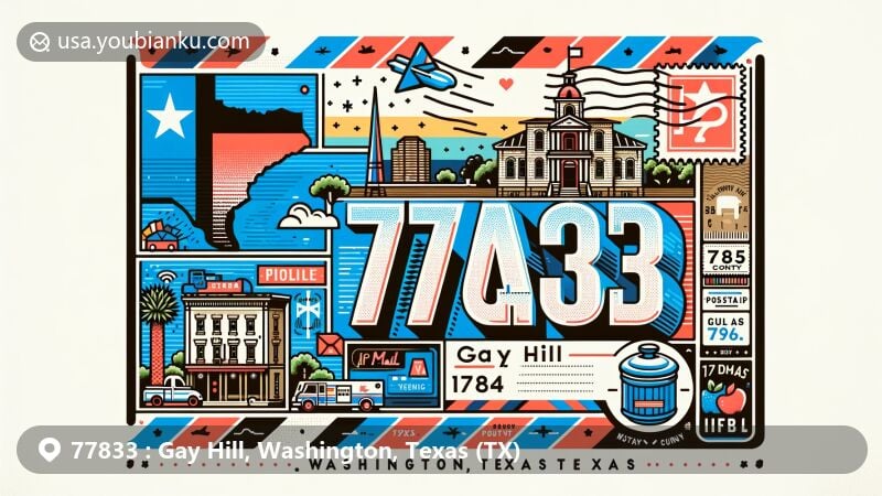 Modern illustration of Gay Hill, Washington County, Texas, showcasing postal theme with ZIP code 77833, featuring Texas state flag, Washington County outline, and local cultural landmarks.