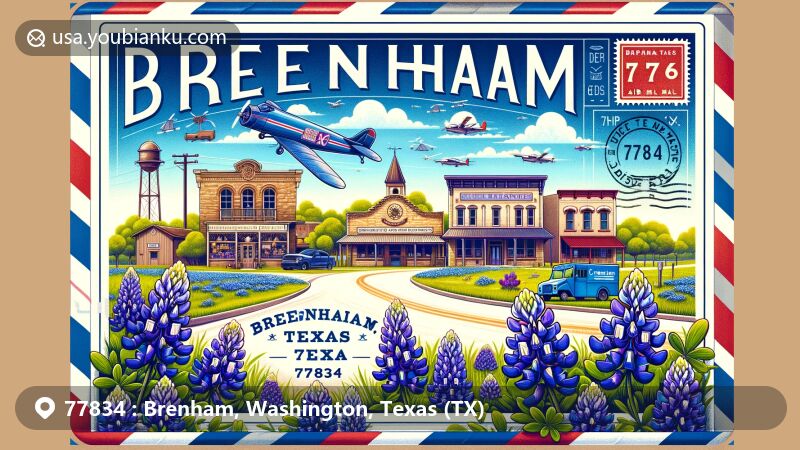 Modern illustration of Brenham, Texas, with ZIP code 77834, featuring bluebonnets, Blue Bell Creameries, historic downtown, German heritage elements, and postal theme.