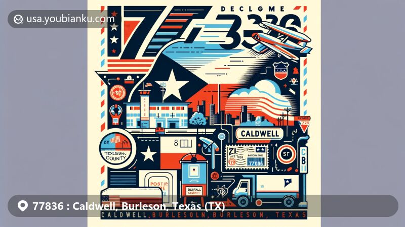 Modern illustration showcasing postal theme for ZIP code 77836 in Caldwell, Burleson, Texas, featuring postcard design with stamps, postmark, mailbox, and postal vehicle.
