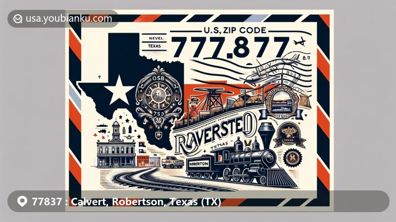 Vintage-style illustration of Calvert, Robertson County, Texas, showcasing postal theme with ZIP code 77837, featuring Texas state flag and cultural symbols of Calvert.