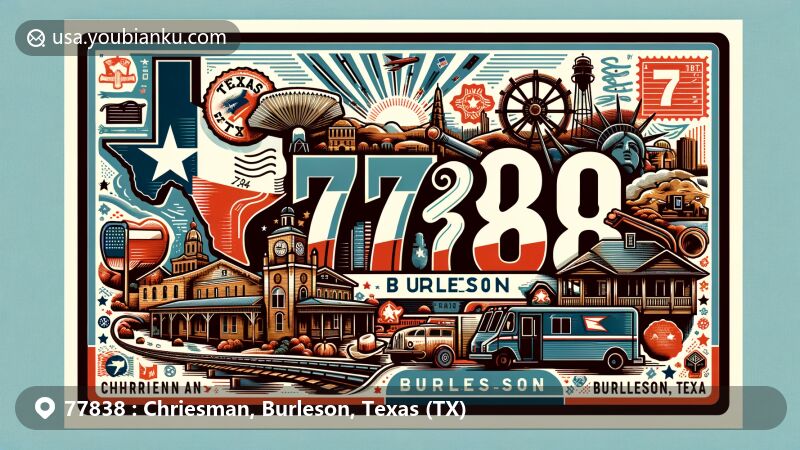 Modern illustration of Chriesman, Burleson County, Texas, showcasing postal theme with ZIP code 77838, featuring elements such as postcard, postage stamps, mailbox, and mail van, along with symbols of Texas and local landmarks.