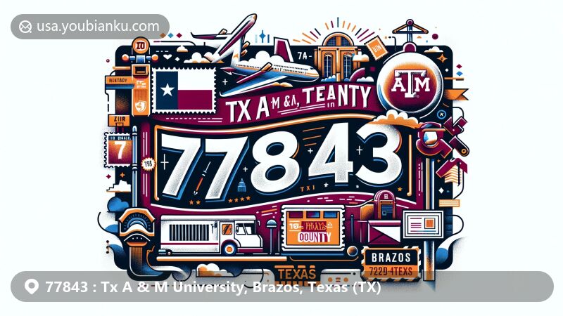 Modern illustration of Tx A & M University in Brazos County, Texas, representing ZIP Code 77843 with air mail theme, including postmark, stamps, mailbox, Texas state flag, and county outline.