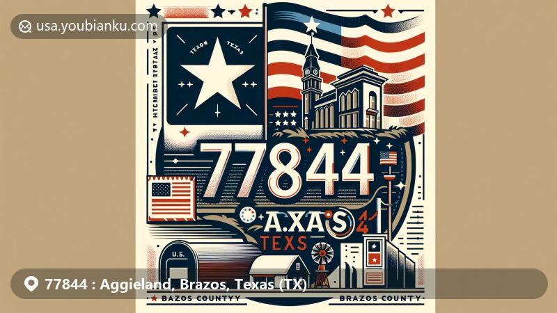 Modern illustration of Aggieland, Brazos County, Texas, highlighting ZIP code 77844, featuring state flag, landmark silhouette, and postal elements.
