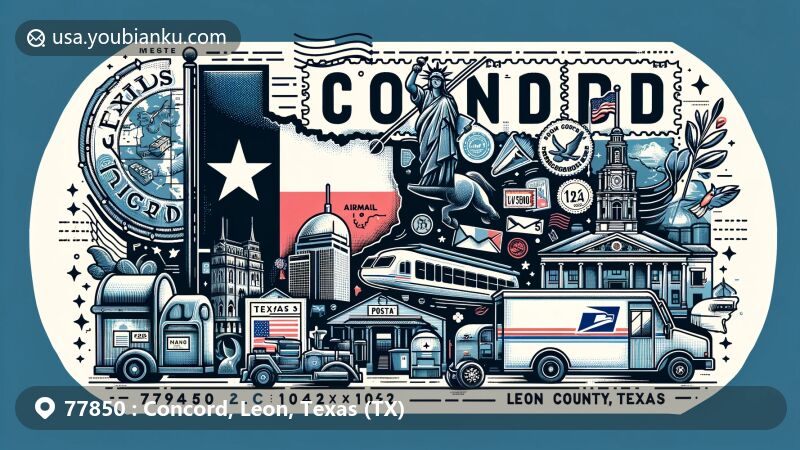 Modern illustration of Concord, Leon County, Texas, showcasing regional elements with the Texas state flag, Leon County outline, and Texan style, combined with postal features like a postcard, airmail envelope, stamps, postmarks, ZIP Code 77850, mailbox, and mail truck.