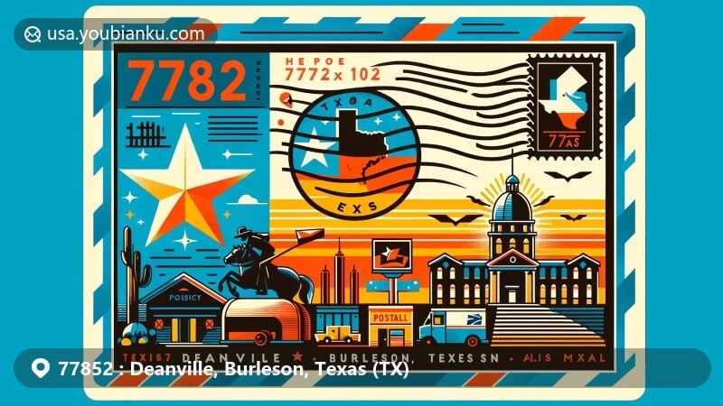 Modern illustration of Deanville, Burleson, Texas, with postal theme for ZIP code 77852, featuring Texas state flag, Burleson County silhouette, and cultural symbols of Deanville.