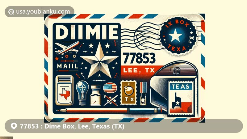 Vintage-style air mail envelope with ZIP code 77853 for Dime Box, Lee County, Texas, featuring Texas state flag and silhouette, along with a postage stamp showcasing local landmark or cultural element.